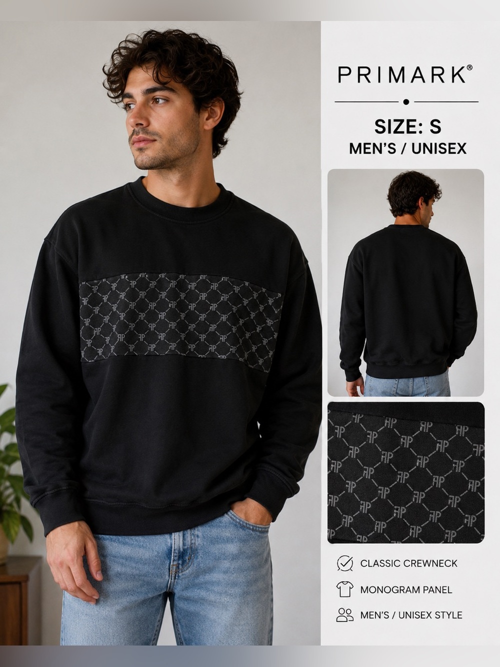 Primark Men’s Unisex Black Monogram Crewneck Sweatshirt Size S/unisex minimalist